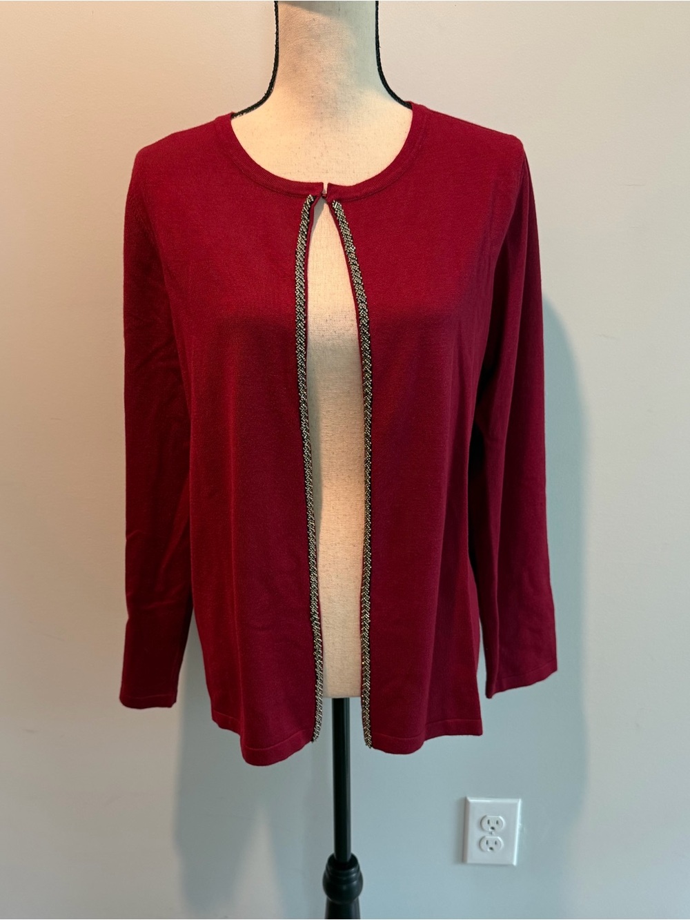 Chico’s Sequin Trim LS Cardigan Sweater Amulet Red Women’s size 2 Large NWT